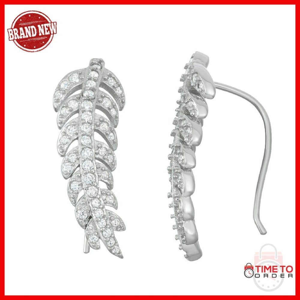Sterling Silver CZ Leaf Climber Earrings 1 Inch Hook Back
